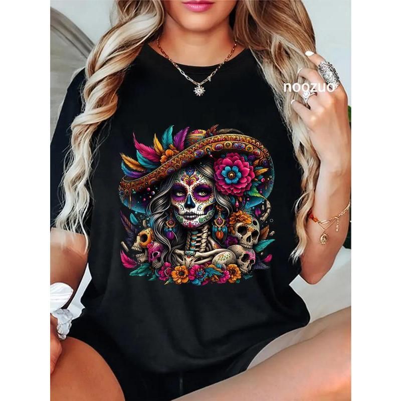100% Algodón Unisex De Los La Catrina Día Los Muertos Camiseta Mujer Con Calavera Azúcar En Blusa Cuello Redondo De Moda_viptrois.com