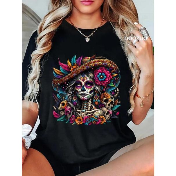 100% Algodón Unisex De Los La Catrina Día Los Muertos Camiseta Mujer Con Calavera Azúcar En Blusa Cuello Redondo De Moda_viptrois.com