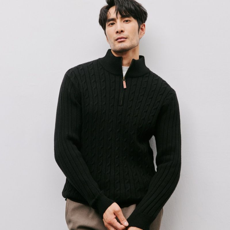 Men's Half-Zip Knit Sweater - Cable Stand Collar Pullover (Black, Gray, Beige, Oatmeal) - Lightweight Business Casual Winter Wear Sizes M To XXXL_viptrois.com