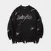 Men's Distressed Jacquard Knit Sweater – Raw Edge Letter Design Oversized Pullover (Fruit Green/Black/Khaki/Dark Gray/Apricot, Sizes S-XXL)_viptrois.com