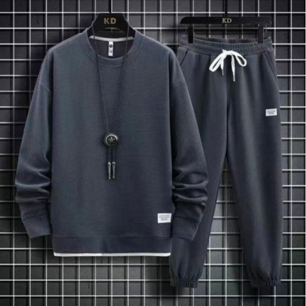 2025 Spring and Autumn New Waffle Sport Men's Sleeve T-shirt Loose Casual Trendy Hoodie Long Pants Two Piece Set edf5_viptrois.com