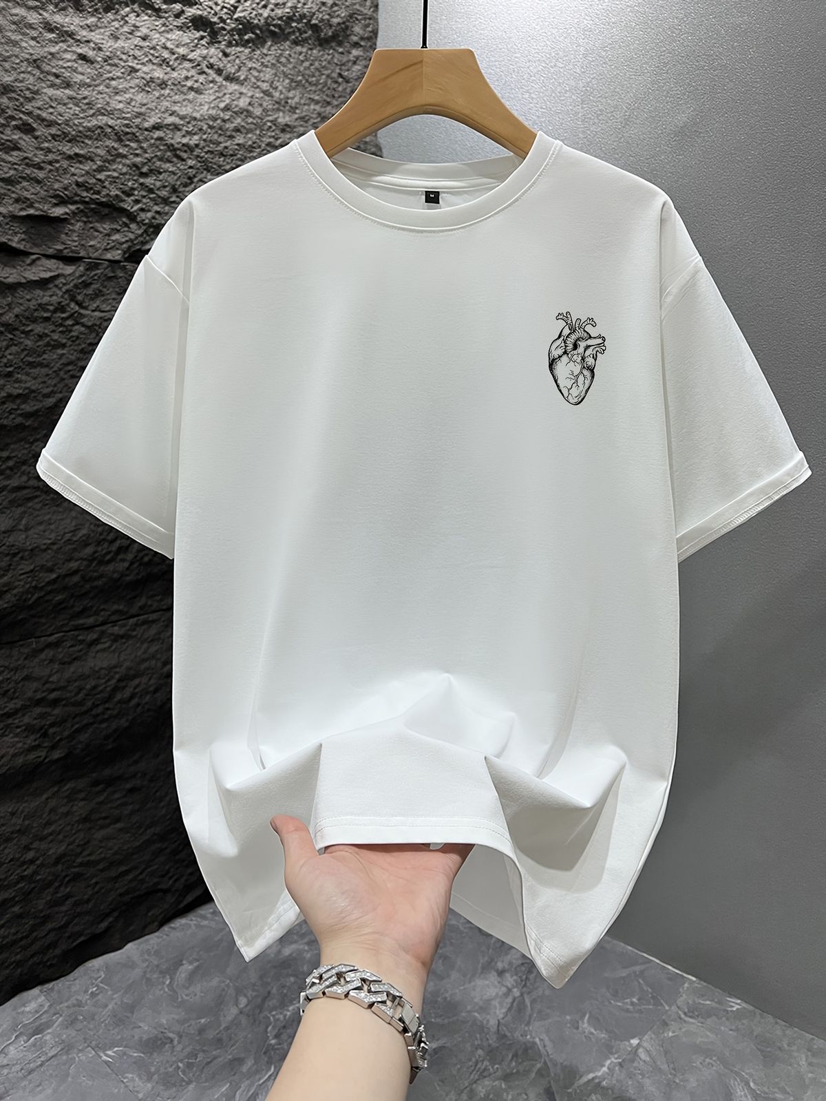 Maglietta Uomo 180G Cotone Puro Girocollo Stampa Cervello E Cuore, Traspirante Per Primavera Estate E Vacanze Casual_viptrois.com