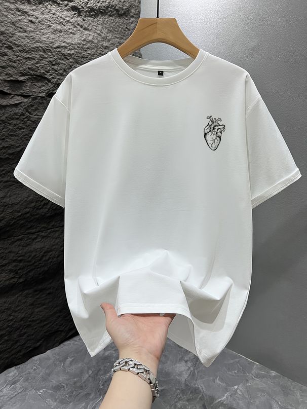 Maglietta Uomo 180G Cotone Puro Girocollo Stampa Cervello E Cuore, Traspirante Per Primavera Estate E Vacanze Casual_viptrois.com