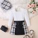 Children's Clothing Xiao Autumn And Winter Long Sleeved Woven Tweed Plaid Splicing PU Leather Short Skirt Hat Three Piece Suit For Girls_viptrois.com