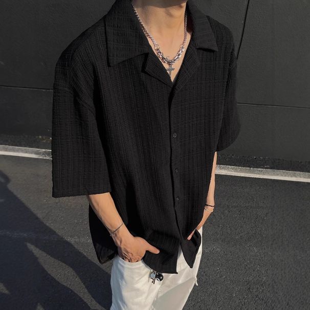 Men's Clothing Textured Ice Silk Short Sleeved Shirt For Men Summer Thin Cuban Collar Shirt Trendy Brand Versatile Handsome High End Tops_viptrois.com