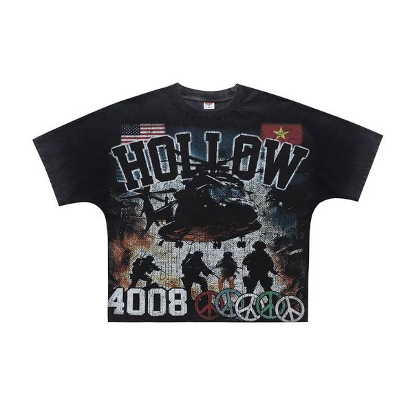 American-style War Plane Print Washed Distressed Loose Fit One-piece Cut Short-sleeve T-shirt Vintage_viptrois.com