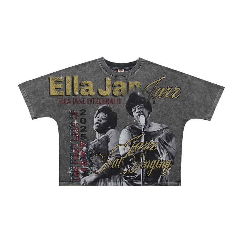 American-style Rhinestone-embellished Singer-themed Full-print Washed Distressed Loose-fitting One-piece Cut_viptrois.com