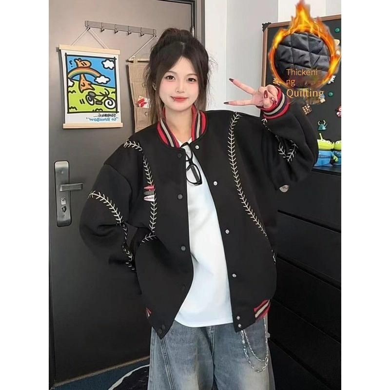 Vintage Baseball Jacket Men's Winter Coat – Thickened Wool-Blend Bomber With Stand Collar ( Letter Embroidery, Unisex Loose Fit)_viptrois.com