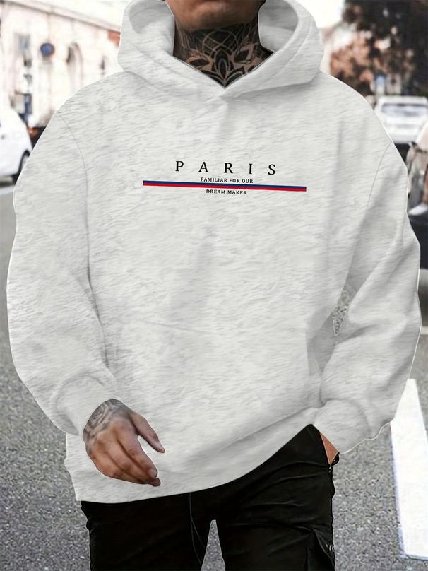 Men's Autumn And Winter Casual Fashionable Loose Hooded Sweatshirt With Parisian Letter Pattern Printed Warm Long Sleeved Pullover_viptrois.com