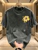 230g Washed Men T-Shirt Yellow Hibiscus Flower Print Short Sleeve Crew Neck Casual Streetwear Top_viptrois.com