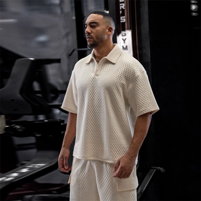 Men's Clothing Summer Texture Heavy Lapel T Shirt Suit Simple Loose Large Size Sports Print Short Sleeved Men's Polo Shirt_viptrois.com