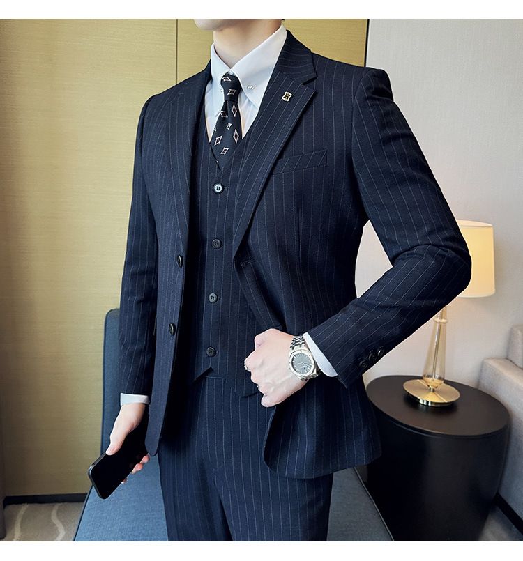 Men's Clothing Striped Two Button Suits Business Casual Three Piece Suits_viptrois.com