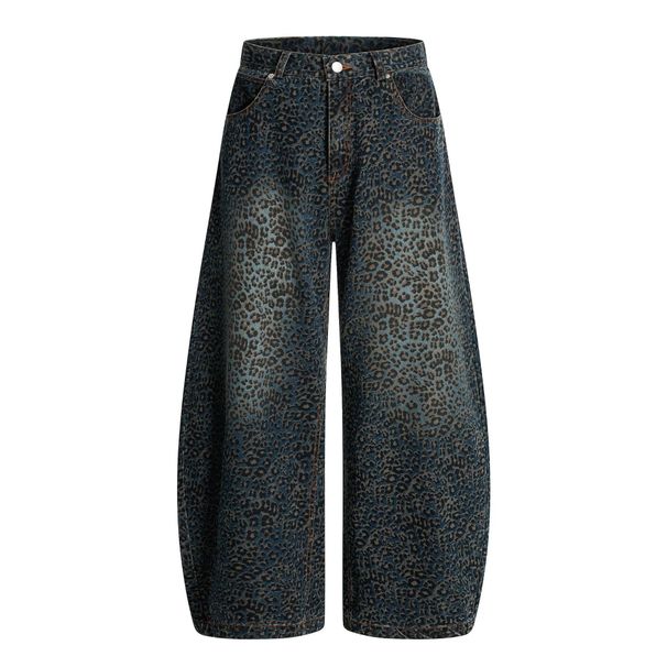 Jiayiku Brand 2025 Autumn New High Street Vibe Leopard Print Scimitar Jeans Men RO Trendy Wide-Leg Pants_viptrois.com