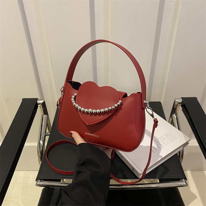 Beaded Personalized Peach Heart Handbag For Women 2024 Summer New Collection Solid Color Fashion Single Shoulder_viptrois.com