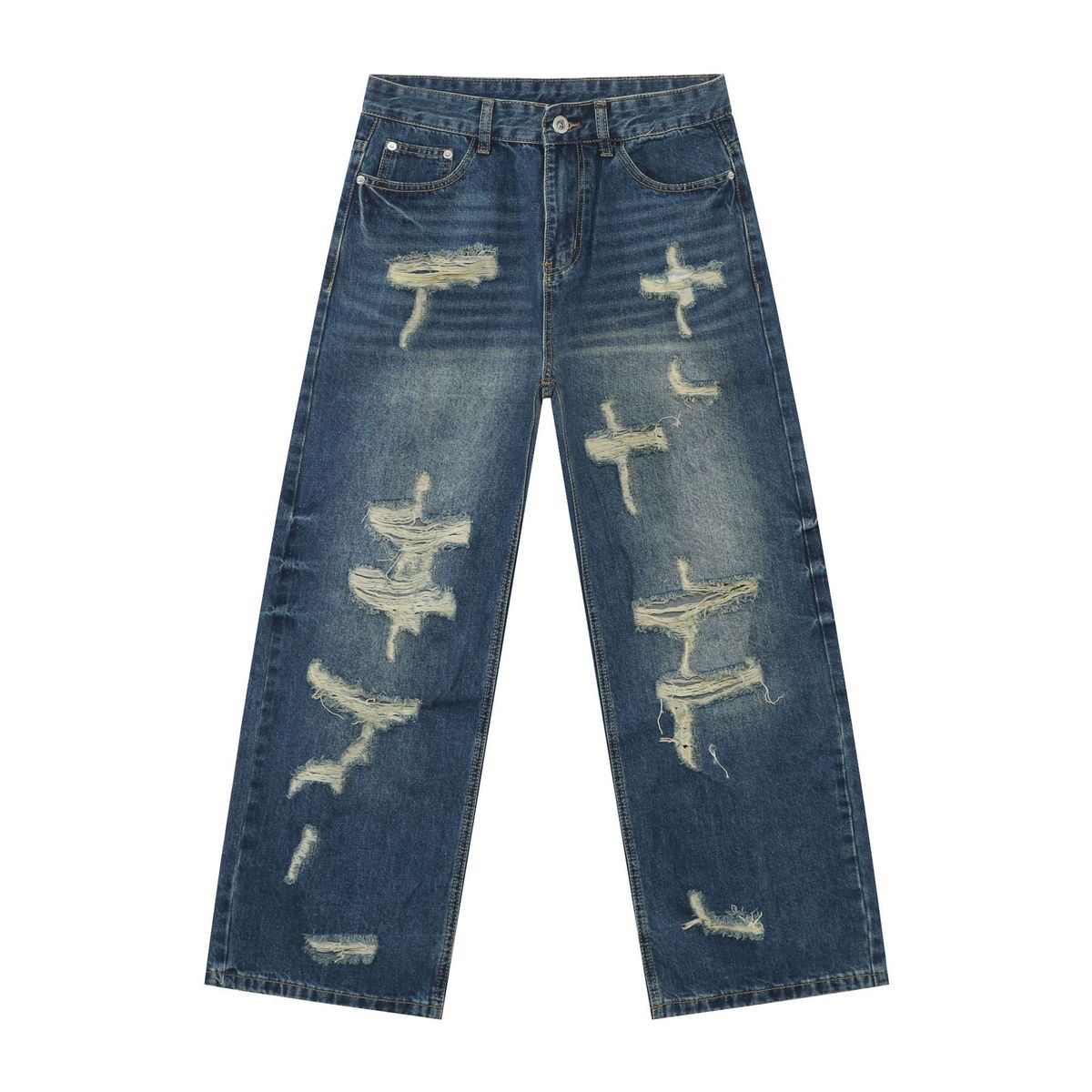 Men's Clothing Nirben Denim | American Ripped Jeans Men's High Street Retro Vibe Loose Trendy Straight Wide Leg Trousers_viptrois.com