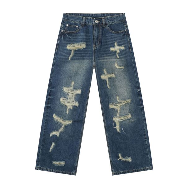 Men's Clothing Nirben Denim | American Ripped Jeans Men's High Street Retro Vibe Loose Trendy Straight Wide Leg Trousers_viptrois.com