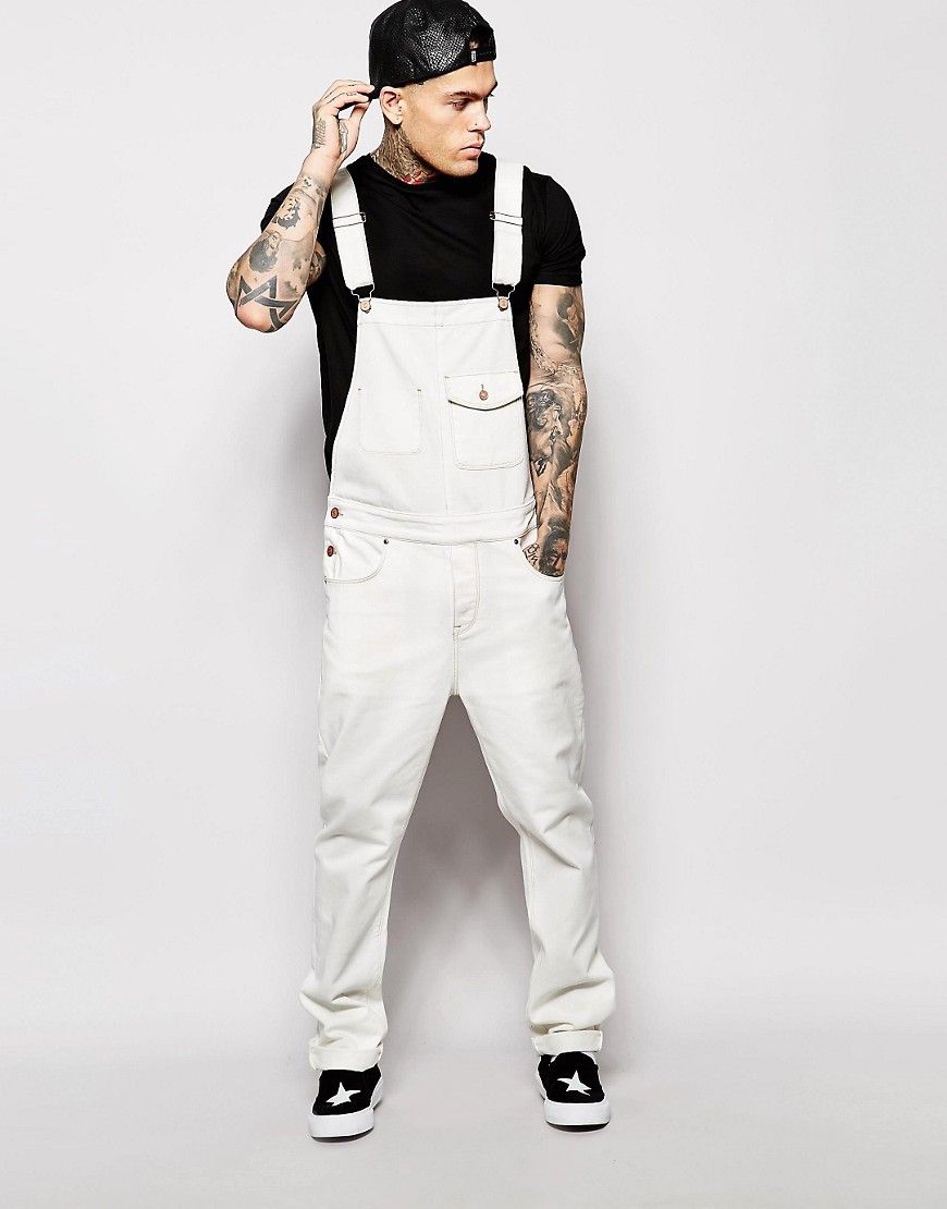 Men's Denim White Bib Pants Slim Fit Trousers Bib Pants_viptrois.com