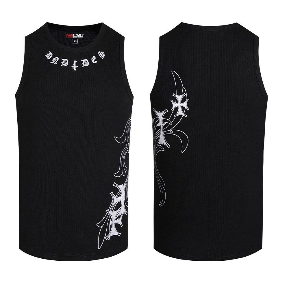 Men's American Streetwear Slim Fit Ribbed Tank Top With Honeysuckle Cross Print, Breathable Summer Workout Shirt_viptrois.com