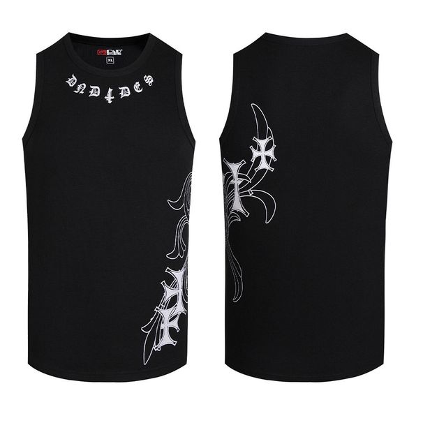 Men's American Streetwear Slim Fit Ribbed Tank Top With Honeysuckle Cross Print, Breathable Summer Workout Shirt_viptrois.com