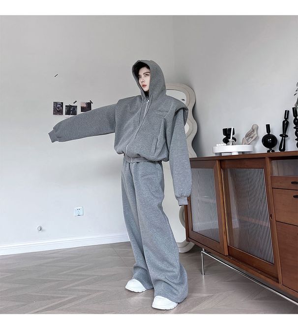 2025 Solid color hooded casual sports suit sleeved men's short style two-piece loose jacket long pants trendy high-end 4649_viptrois.com