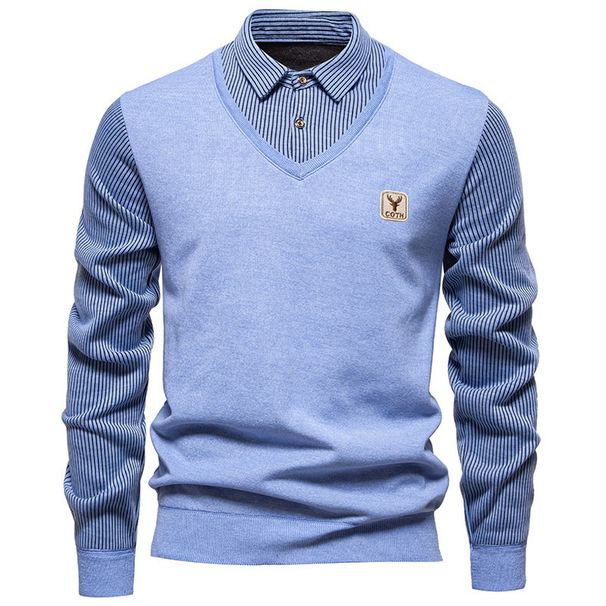 Pure Wholesale Trade Cross-Border Autumn Winter New Men's Long Sleeve Sweater Two-Piece Fashion Fleece Striped Shirt_viptrois.com