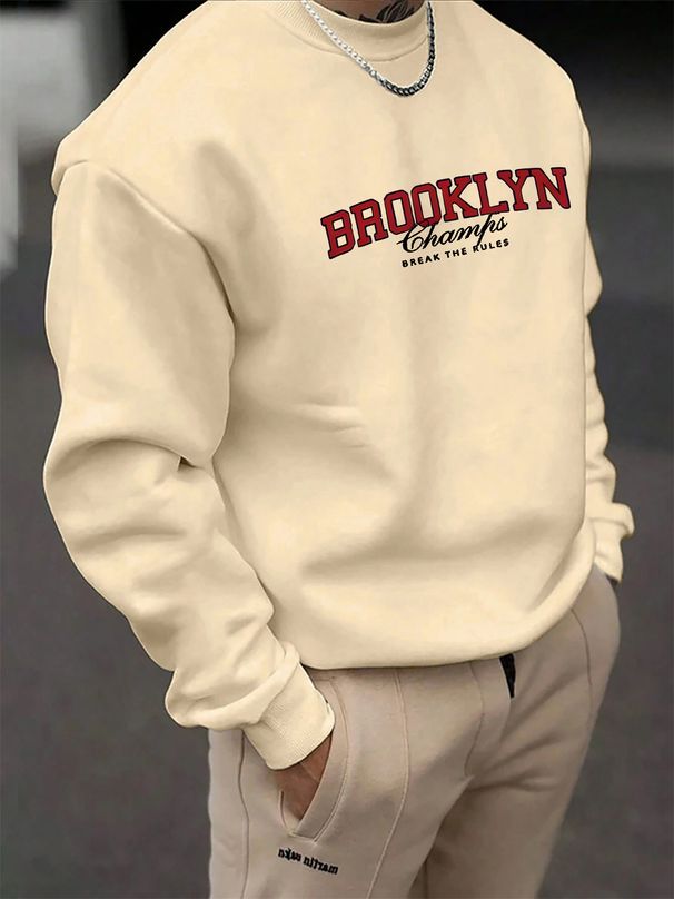 Men's Loose Casual Fashion BROOKLY Letter Pattern Printed Round Neck Long Sleeved Pullover Hoodie For Autumn And Winter_viptrois.com