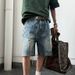 Unisex Summer Denim Shorts 2026 Retro American Patchwork Design Loose Fit Five Point mid Waist Blue with Pockets Machine Washable_viptrois.com