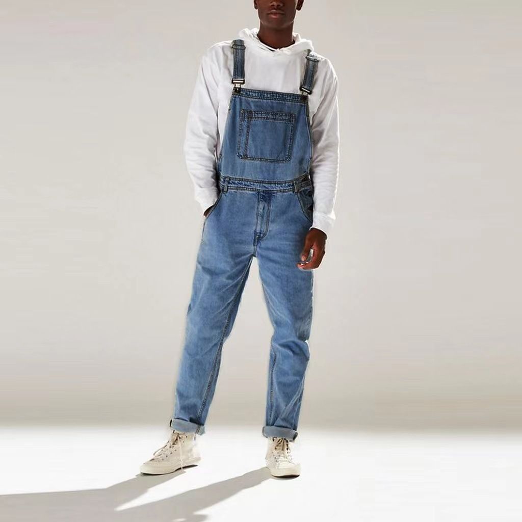 Man's clothing Street hipster solid color suspenders high-waisted men's jeans_viptrois.com
