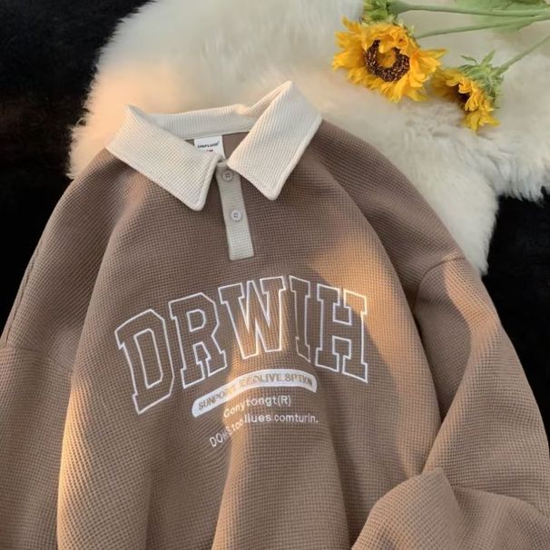 Pure Waffle Long Sleeve Polo Sweatshirt Men 2024 Autumn New Trendy Brand Turn-Down Collar Color-Block Letter Embroidery_viptrois.com