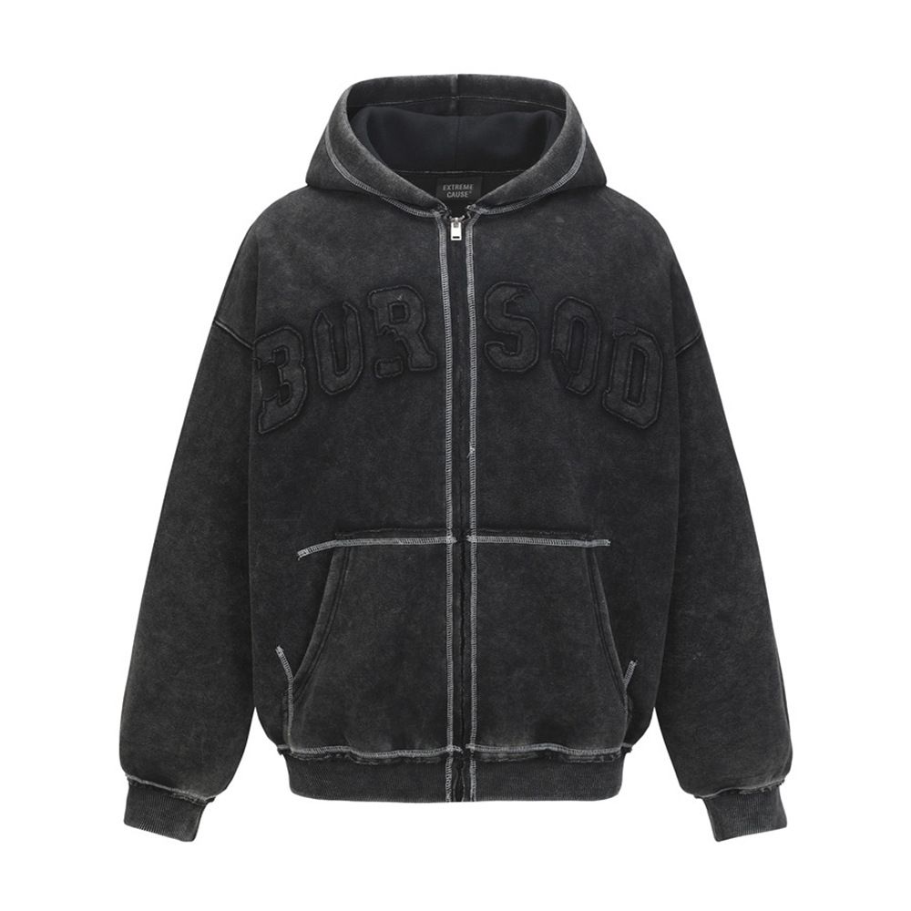 Trendy Punk Vintage Washed Hoodie For Men Spring And Autumn Stitched Frayed Edge Design Loose Fit Sports Jacket_viptrois.com