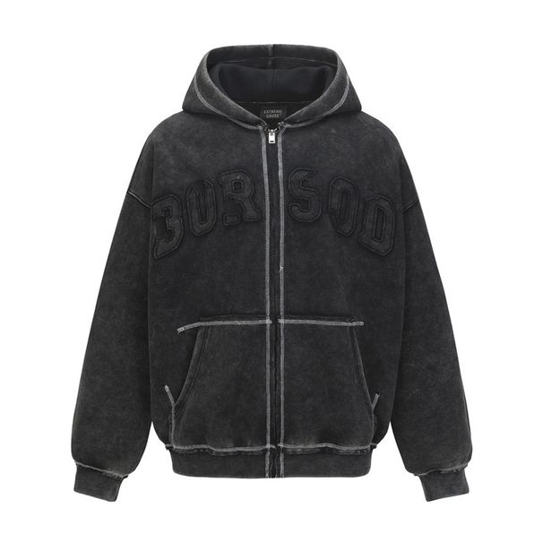 Trendy Punk Vintage Washed Hoodie For Men Spring And Autumn Stitched Frayed Edge Design Loose Fit Sports Jacket_viptrois.com