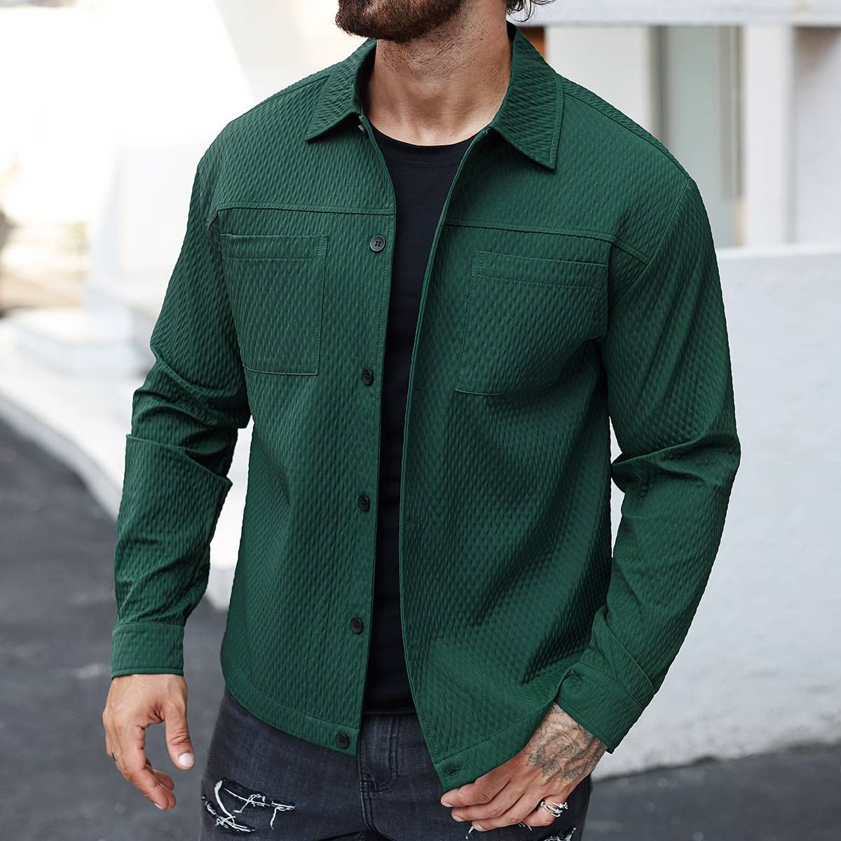 Men's Clothing High Quality Texture Fashion Casual Shirt Lapel Cardigan_viptrois.com