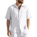 Men's Summer Linen Jacquard Shirt Vertical Stripe Collared Button Down Loose Breathable Casual Short Sleeved_viptrois.com