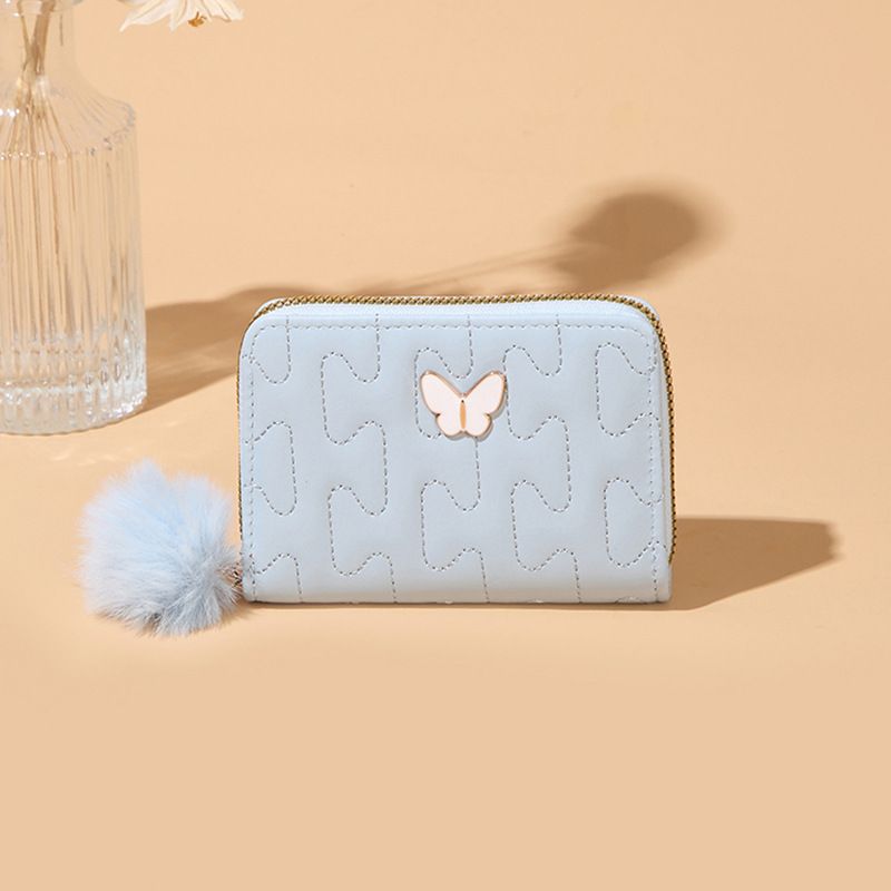 Women's Quilted Women's Wallet With Zipper & Fur Ball - Short Purse With Butterfly Charm (Minimalist & Versatile)_viptrois.com