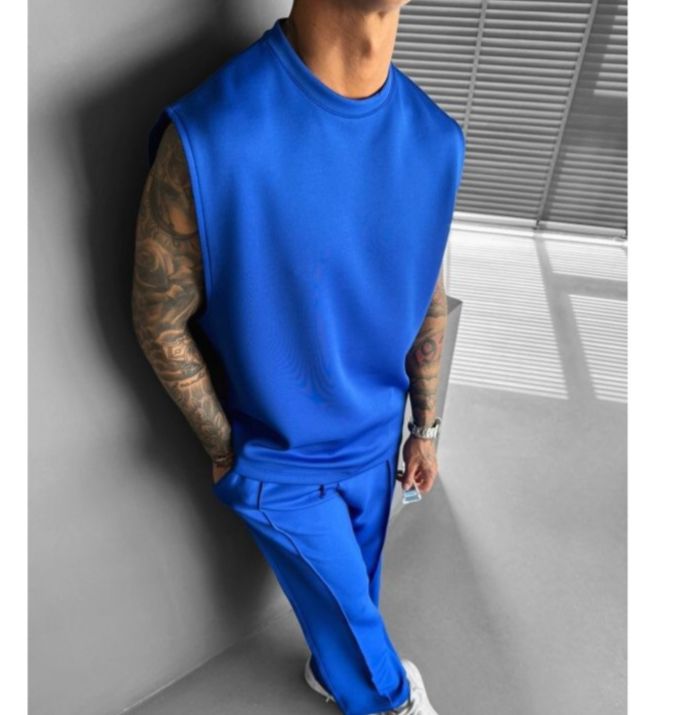 Men's Clothing Sports Casual Pants Vest Suit Loose Sleeveless T Shirt Fitness Suit_viptrois.com