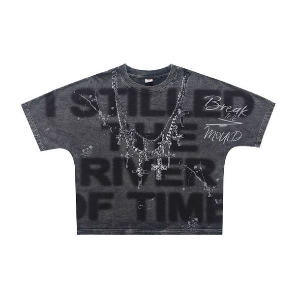 American-style Washed Distressed Short T-shirt With All-over Printed Oversized Design And One-piece Raglan Cut_viptrois.com