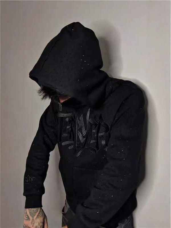 Gothic Embroidered Hoodie – Oversized Unisex Zip-Up Sweatshirt With Rhinestone Detailing (Dark Academia, Heavyweight Fleece Lining)_viptrois.com