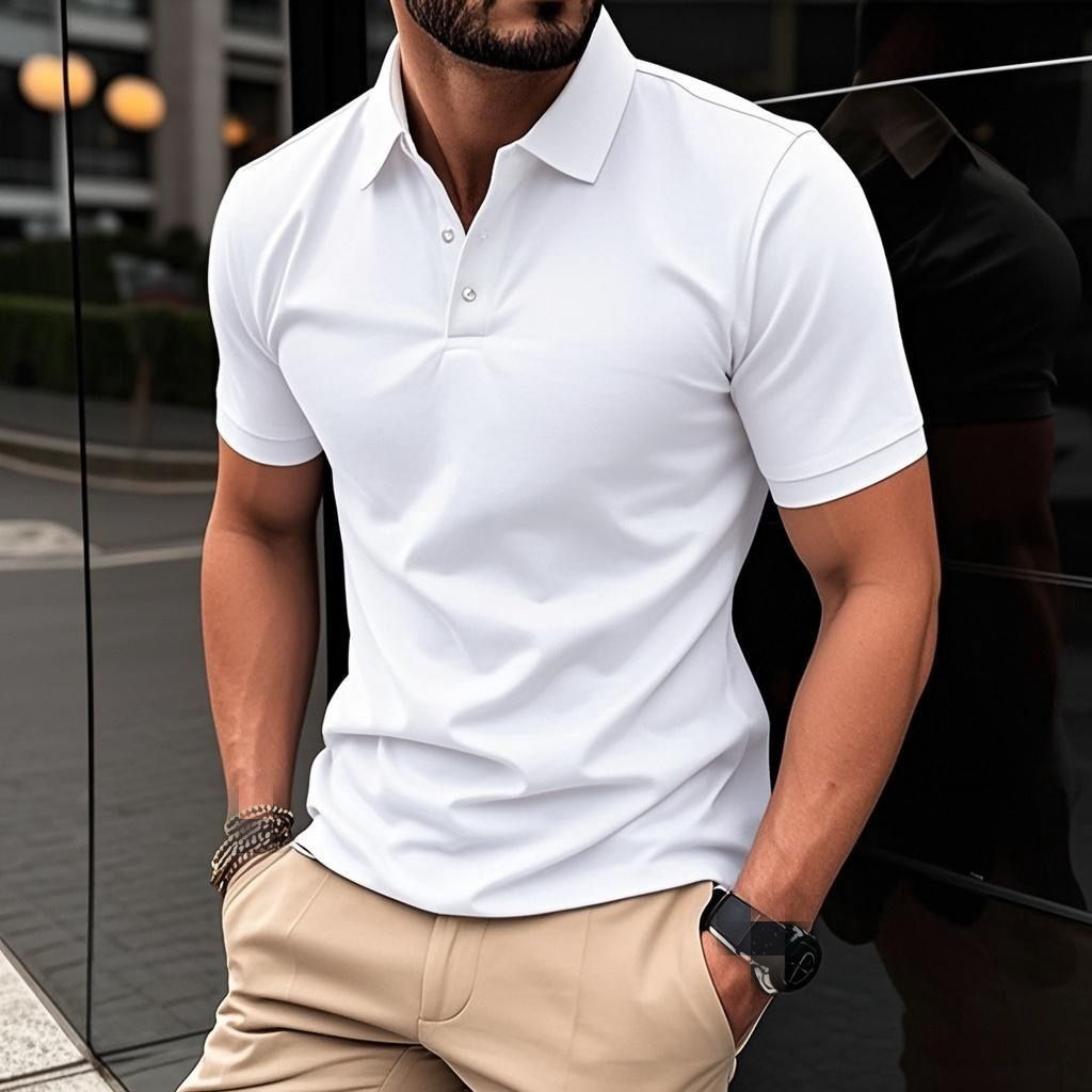2026 Men's Casual Shirt - Solid Color Buttoned Short Sleeve T-Shirt With Double-sided Beads And Breathable POLO Style Shirt For Men_viptrois.com