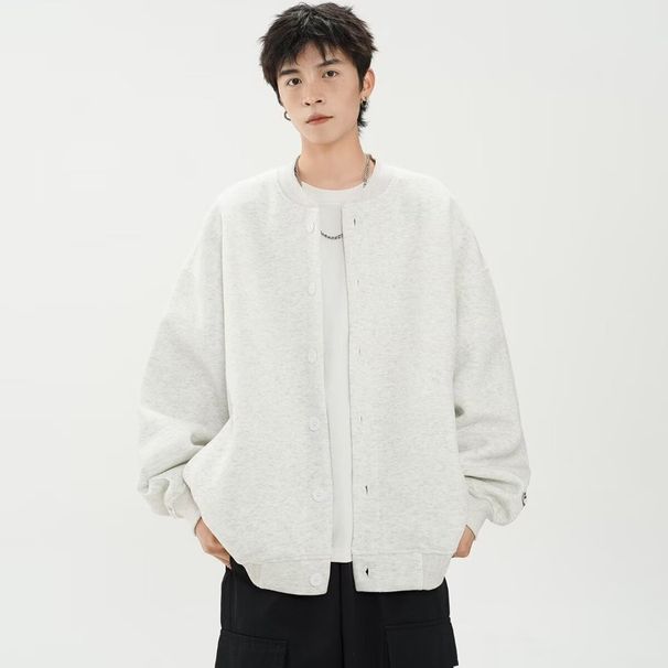 Spring Retro Simple Solid Color Cardigan Sweatshirt Men's Trendy Brand College Style Casual Versatile Jacket_viptrois.com