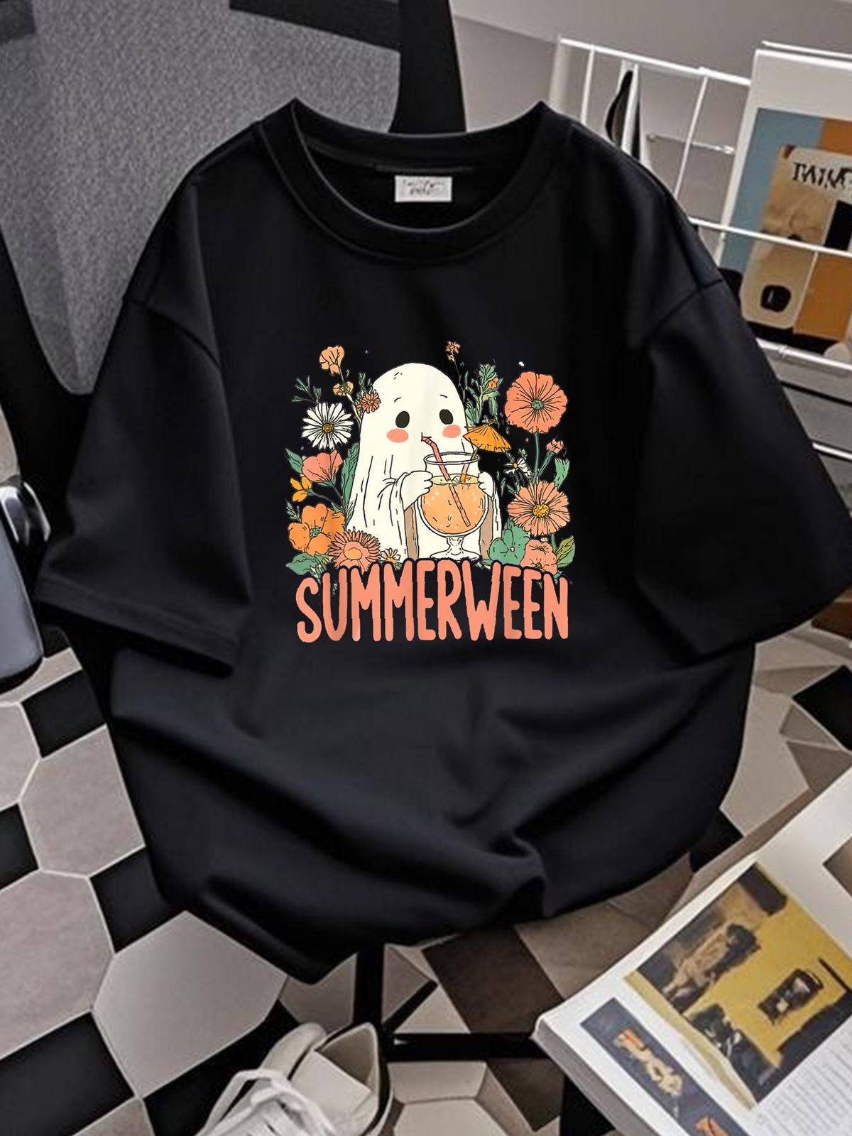 Retro SummerWeen Ghost Summer Halloween T-Shirt Graphic Stretched Unisex Women Top Graphic Tees Women Casual Print Round Neck Short Sleeve Top For Everyday Wear Soft Fashion Stylish Streetwear Versatile Designer Clothes Slightly Female Comfortable_viptrois.com