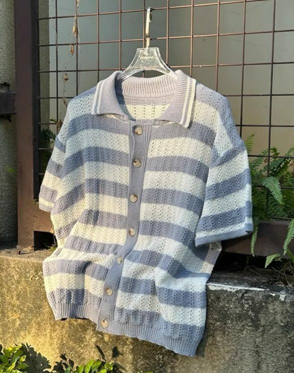 Hollow Knitted Jacquard Striped Contrast Color Short Sleeved Shirt Men's Summer Loose Casual Retro Jacket_viptrois.com