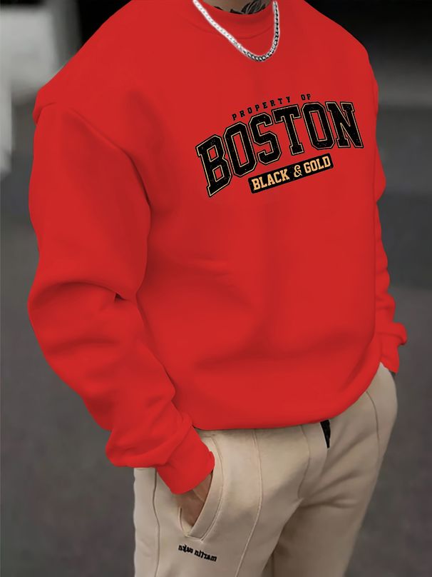 Autumn And Winter Men's Casual Loose, Simple And Fashionable Boston Black Golden Letter Graphicprint Round Neck Long Sleeved Sportswear_viptrois.com