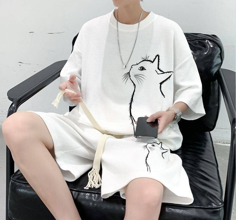 Men's Trendy Summer Waffle Knit Loose Fitting T-Shirt Set Short Sleeve Shirt And Shorts Youthful Vibe_viptrois.com