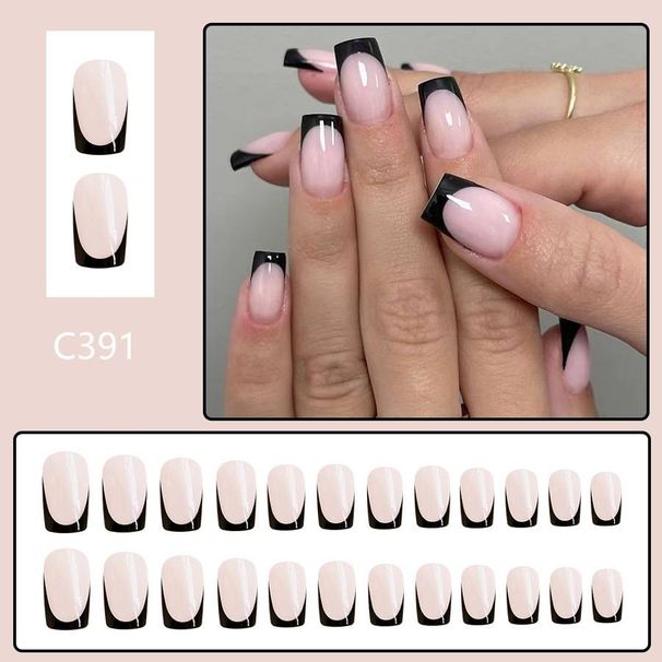 Short Bright Square Armor Simple Black French Line Wear Armor Simple Joker Temperament Wear Armor Manicure 24 Pieces_viptrois.com