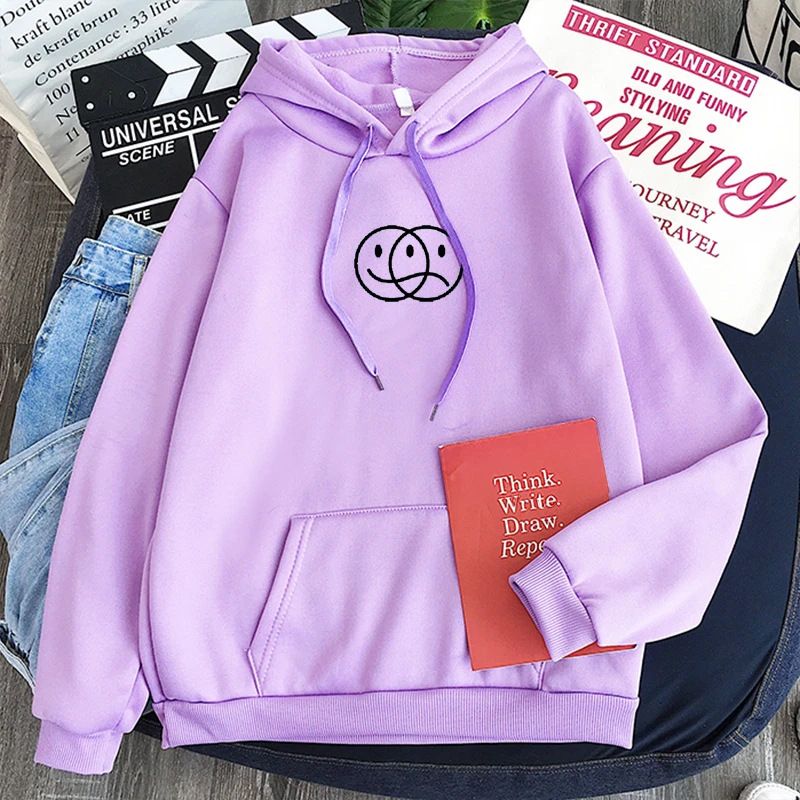 2024 Smiley Face Print Hooded Pullover Sweatshirt Casual Loose New Hot-Selling Top_viptrois.com