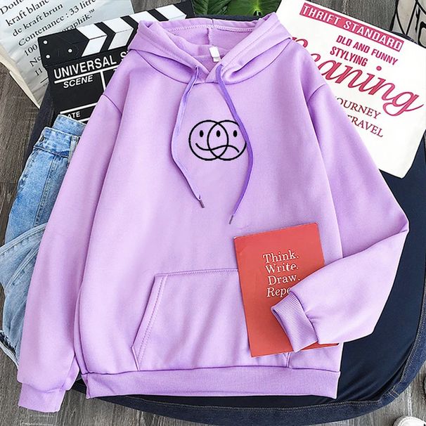 2024 Smiley Face Print Hooded Pullover Sweatshirt Casual Loose New Hot-Selling Top_viptrois.com
