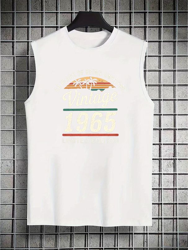 100% Pure Cotton Men's Summer Casual Sports Fitness Loose Retro 1965 Pattern Printed Breathable Round Neck Sleeveless Vest_viptrois.com