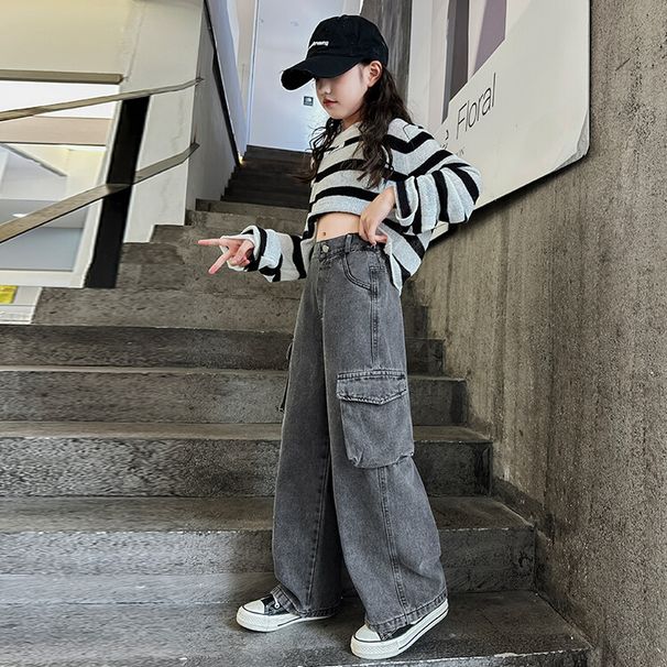 2402 Denim Overalls Grey Korean Denim Trousers New Children's Miscellaneous European And American Jeans_viptrois.com