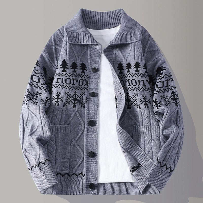 Men's Retro Jacquard Collar Cardigan – Long-Sleeve Knit Sweater For Teens & Adults ( Warm Layering Piece, Unisex Fashion Statement)_viptrois.com
