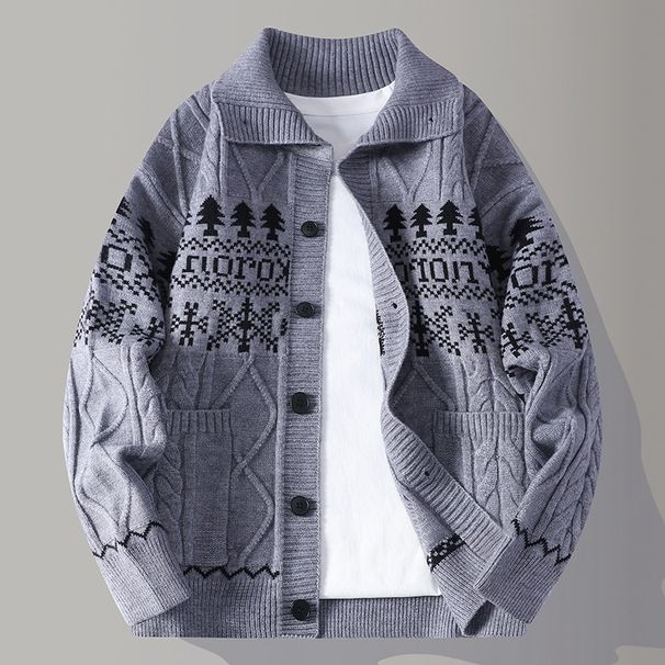 Men's Retro Jacquard Collar Cardigan – Long-Sleeve Knit Sweater For Teens & Adults ( Warm Layering Piece, Unisex Fashion Statement)_viptrois.com
